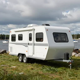 fifth wheel camper towable large rv on the grass by the harbor in maine, rocky coast, sailboats in the water, tiny village, white background, cute digital cartoon painting art, 4 colors!!! trending on artstation