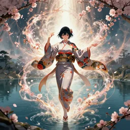 anime girl wearing japanese kimono surrounded by spirit blossoms in a serene lake, symmetry, concept art, dynamic pose, digital illustration, trending on artstation, intricate details, epic composition, sharp focus, 8 k uhd, masterpiece, league of legends splash art