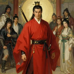 full character of a handsome ancient chinese martial hero in red robe, character design, painting by gaston bussiere, katsuya terada, nc wyeth, greg rutkowski, craig mullins, vermeer, frank frazetta, mucha, tom of finland, trending on artstation, jeffery catherine jones