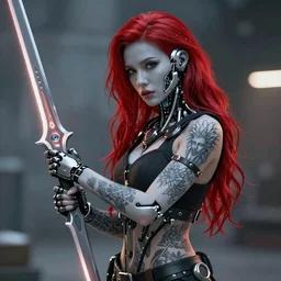 Hot young woman with grey skin, red hair, tattoos, wearing cyborg components and holding advanced laser sword , hyperrealistic, photorealistic, HDR, volumetric lighting, bokeh