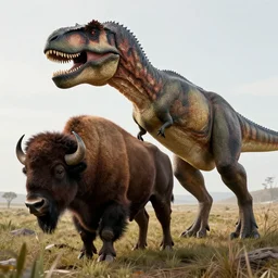 A full frame image of a mix of a bison and a tyrannosaurus rex, highly detailed, 8k, Unreal Engine render