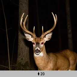 trail camera photo of a deer at night in the forest. flash. red eyes