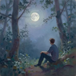 A man sits in a forest while being lit up by the moon on a foggy night, vibrant, pastel colours, oil on canvas, depth of field, tilt-shift