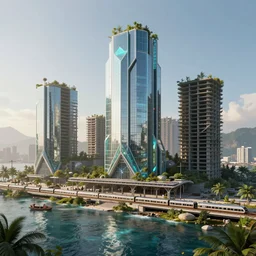 a beautiful detailed render of building urbex abandoned city architecture unfinished building nature train station by richard rogers, morning sun reclaimed by nature sea made of glass gem retrowave laser sci - fi elysian assassin's creed nature evil dieselpunk atlantis, archdaily, wallpaper, highly detailed, trending on artstation.