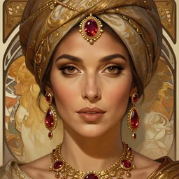 mindblowing portrait of an elegant tan woman in her 5 0 s, ornate turban, brown eyes, ruby and gold jewelry, loving expression, deep focus, symmetrical face, d & d, fantasy, intricate, elegant, highly detailed, artstation, concept art, matte, sharp, illustration, hearthstone, digital painting by artgerm, greg rutkowski, alphonse mucha