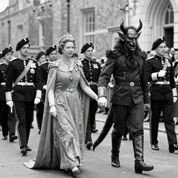 Black and White photo of a Royal Procession, the Queen holding hands with the Devil, 4k, highly detailed, 1952