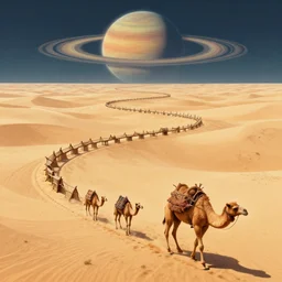 a beautiful illustration of a winding wooden structure on the back of a giant alien camel traveling an expansive desert with a ringed planet on the horizon in the style of Rob Lefield and Ralph McQuarrie, Daniel Merriam :.1, trending on artstation, digital art, third person perspective, wide angle, establishing shot