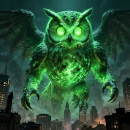 a giant green glowing owl destroying a city, monster, demonic, hideous, lovecraftian, creepy, ultra high resolution, incredibly detailed, by greg rutkowski and kojima and kinkade and denis villeneuve,