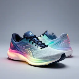 award - winning futuristic glowing colored light pair of running shoes studio photography