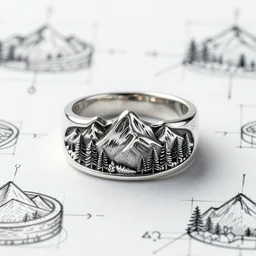 a silver ring design inspired on mountains and nature, bohemian style, sketch blueprints
