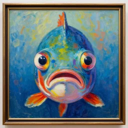 front - facing view of a fish, front facing view, surreal painterly with big eyes, vibrant impasto framed oil painting