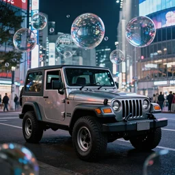 grainy photograph of an Itasha style 1997 hardtop Jeep Wrangler, dream-like, urban Shibuya, surrounded by floating transparent orbs of liquid branching off refracting, neon night, cinematic, refraction, octane render, photorealistic, dark, atmospheric, insanely detailed, lights and shadows