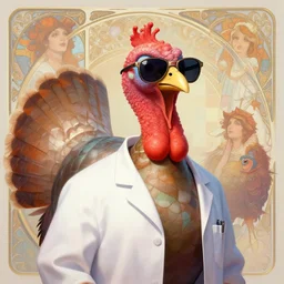 a cool anthropomorphic turkey wearing sunglasses wearing a lab coat, diffuse lighting, fantasy, intricate, elegant, highly detailed, lifelike, pastel, digital painting, artstation, illustration, concept art, smooth, sharp focus, art by frank frazetta and marco bucci and loish and rossdraws and artgerm and alphonse mucha