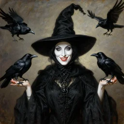 portrait painting of a alluring witch, black robes, ponty hat, white skin, smirk, crows, sharp focus, award - winning, masterpiece, highly detailed, intricate, by rebecca guay, bouguereau