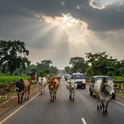 traffic in India caused by cows in the middle of the road