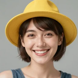 a smiling women taking a zoomed out selfie, hyper realistic photography, highly detailed, sharp focus, good vibes, realistic, highly detailed attribute, award winning, art by portrait realistic illustrators, wearing a yellow hat, short hair