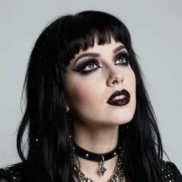 looking up at a goth girl with a detailed face and black hair, burlesque psychobilly, rockabilly, punk,