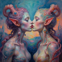 emotive painting by alex grey of two bizarre femme creatures kissing each other closeup. they have strange appendages. they are in a psychedelic landscape. speculative evolution, exobiology, golden ratio