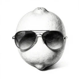a pencil sketch portrait of lemon wearing aviator sunglasses, black and white, white background, fine detail