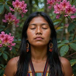 a beautiful portrait of an indigenous woman with eyes closed in the amazon jungle surrounded by pink calliandra angustifolia flowers, matte painting, by christophe vacher