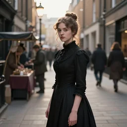 photorealistic young Victorian woman wearing a black dress and hair in a bun, standing in a busy Victorian London back alley, in the background are street sellers, people. Evening sunlight. Gaslight street lamps. 8K. detailed. photorealism. artstation. 25mm f/1.7 ASPH Lens. ultra realistic