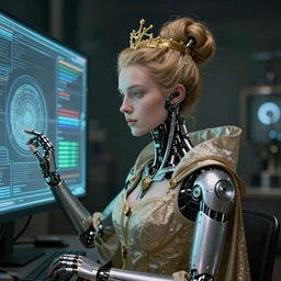 a portrait of cyborg queen jacked into a machine interface by Jan van Eyck