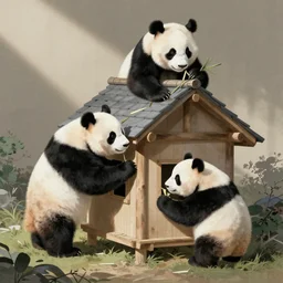 Panda bears building a house, Japanese art