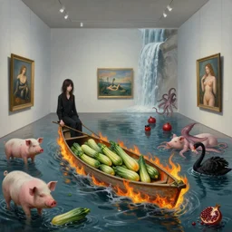painting of a flooded art gallery, black lounge, a tall emo girl, a burning canoe containing courgettes, art gallery interior, pigs, courgettes, waterfall, pomegranates, sensual, octopus, zen, black swans, berries, surrealist, by magritte and monet