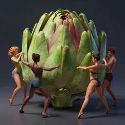 group of 4 people dancing around a giant artichoke cinematic lighting digital painting highly detail perfect anatomic proportions artstation trendin