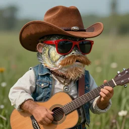 a fish with cowboy hat. The fish has a beard, mustache, red sunglasses and a guitar, photorealistic, detailed, 8k