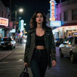 Woman goes by night street under neon lights, noir, sin city style