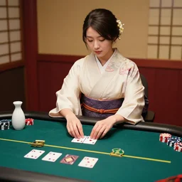 woman in a japanese kimono sitting at an extremely detailed poker table with the startrooper, sake on the table, fireworks and stars on the background, by roy liechtestein, canvas, acrylic paint, 4 k, ultra - hd