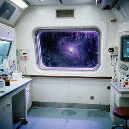Film still of a brightly lit white science lab on a space ship, metal, nebula in the window, purple and cyan lighting, water dripping, puddles, wet floor, Cinestill colour cinematography, anamorphic