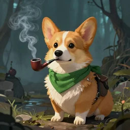An anthropomorphic corgi with a smoking pipe and a green scarf around his neck dressed as a wandering salesman in a fantasy setting, dreamscape, dramatic lighting, fantasy art illustration, trending on artstation, Aetherpunk