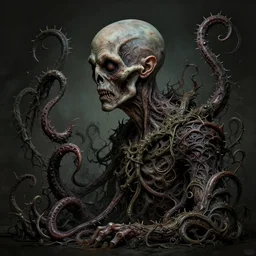 centered horrifying detailed side view profile portrait of a insane, crazed, mad old bald zombie, cthulhu, eldritch abomination, dunwitch horror, ornate tentacles growing around, ornamentation, thorns, vines, tentacles, elegant, beautifully soft lit, full frame, 8 k by wayne barlowe, peter mohrbacher, kelly mckernan, h r giger