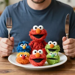 a man holding a fork and knife in front of a plate, the plate is filled with muppets