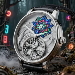 Jaquet Droz, Tomer Hanuka, smooth liquid metal with detailed line work, Mandelblub fractal, Exquisite detail, blue neon details, red neon details, green neon details, white neon details, hyper detailed, intricate charcoal illustration, golden ratio, steampunk, smoke, neon lights, steampunk forest background, liquid polished metal, by peter mohrbacher trending on artstation, photo realistic, octane render