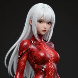 full length complex 3 d hyper realistic smooth ultra sharp render of a gorgeous female with red snake skin, short white long hair with long bangs, solid black eyes | art by oh jinwook + 吵 集 仁 儿 on artstaion + takeshi obata + alphonse mucha + jim lee