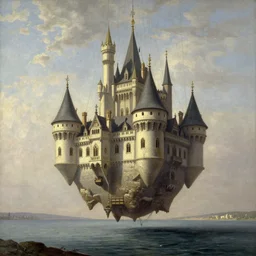 esher ´ s castle floating hanging by cables and chains, by emmanuel shiu, caspar david friedrich, albert bierstadt, jakub rozalski
