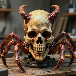 photo taken of an epic intricate, ultra detailed, super realistic sculpture of a wet slimy nightmarish hellish demonic dead human head sprouting crab legs animatronic on display in a workshop, created by weta workshop, photorealistic, sharp focus, f 0. 4, face centred, macro photography, golden ratio, golden hour