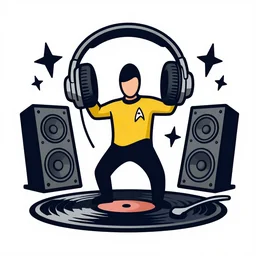 svg sticker of a Pop-Wonder Captain-Spock-Star-Trek at a rave, spinning records, giant headphones rocking out, wearing headphones, huge speakers, dancing, rave, DJ, spinning records, digital art, amazing composition, rule-of-thirds, award-winning, trending on artstation, featured on deviantart