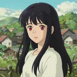 beautiful anime girl with long black hair and bangs, red eyes, fine details portrait, village in the background, bokeh. anime masterpiece by Studio Ghibli. illustration, sharp high-quality anime illustration in style of Ghibli, Ilya Kuvshinov, Artgerm
