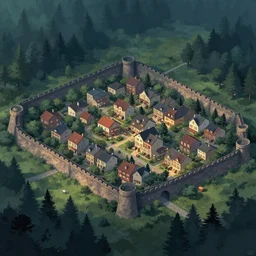a peaceful cozy town surrounded by a large walls and a dark forest, digital art