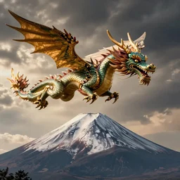 a japanese dragon flying over mount fuji, digital art