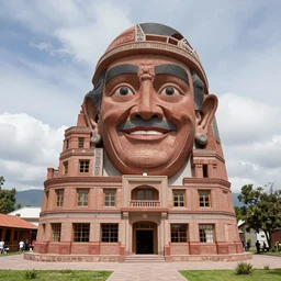 Barry Chuckle as neo-Andean architecture by Freddy Mamani, realistic human-building hybrid, a building that looks like legendary entertainer Barry Chuckle