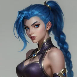 a Portrait of JINX from League of Legends, blue hair, pigtail, intricate, elegant, highly detailed, digital painting, concept art, smooth, sharp focus, illustration, by Alex Horley,Heather Theurer,aaron horkey,Greg Rutkowski,artstation,deviantart,FAN ART,Unreal Engine,face enhance,8K,golden ratio,cinematic lighting