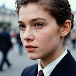 ektachrome, 3 5 mm, highly detailed : incredibly realistic, perfect features, tied back hair, beautiful three point perspective extreme closeup 3 / 4 portrait photo in style of chiaroscuro style 1 9 7 0 s frontiers in flight suit cosplay paris seinen manga street photography vogue fashion edition