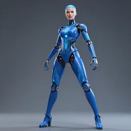 a beautiful female robot human hybrid wearing a blue latex jumpsuit, circuitry glowing through the suit like tron, face, torso, legs, feet, epic angle, octane render, photo realistic, hyper realistic, 8 k resolution in the style of alvin schwartz