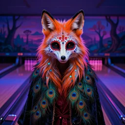 a realistic portrait of dia de los muertos fox skull character wearing long fluffy furs, themed on a peacock, painting by jeff easley, stylized, black light, neon, black velvet, bowling alley carpet, dnd beyond, fae wilds sky