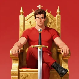 modern self portrait of man sitting on throne, legs crossed, while holding a sword, white man, hispanic, brown hair, light skin, golden throne, sharp, marker, red robes, 8 k, hi - rez, circles, lamented, clear, brown eyes, colored, green plants and golden background, sun in the sky, palace scenery, author yoji shinkawa